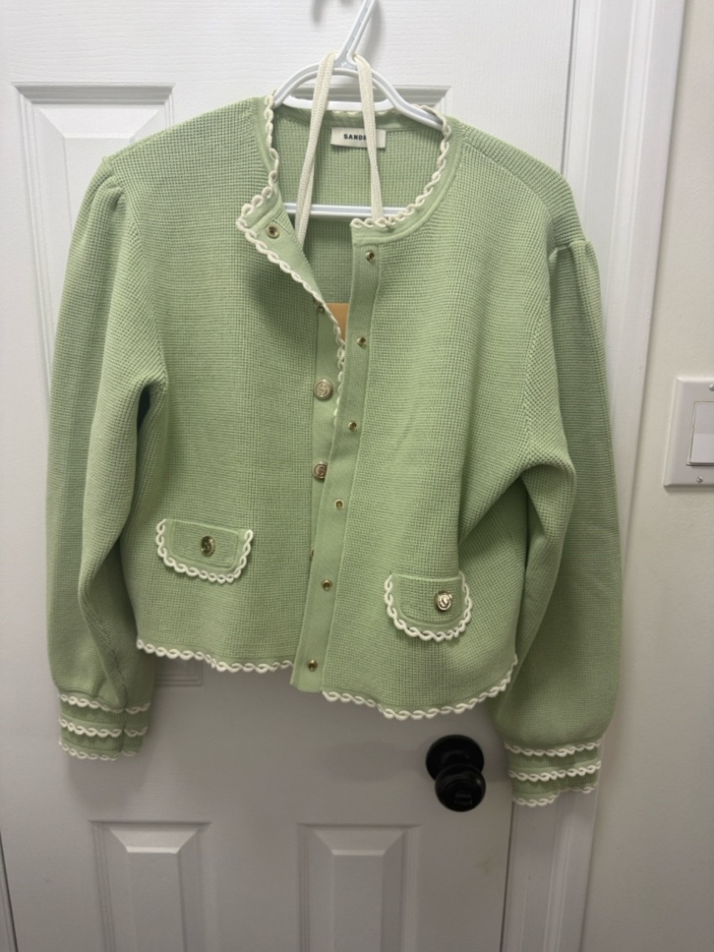 Sandro Light Green Cropped Knit Blazer with Cream Trim